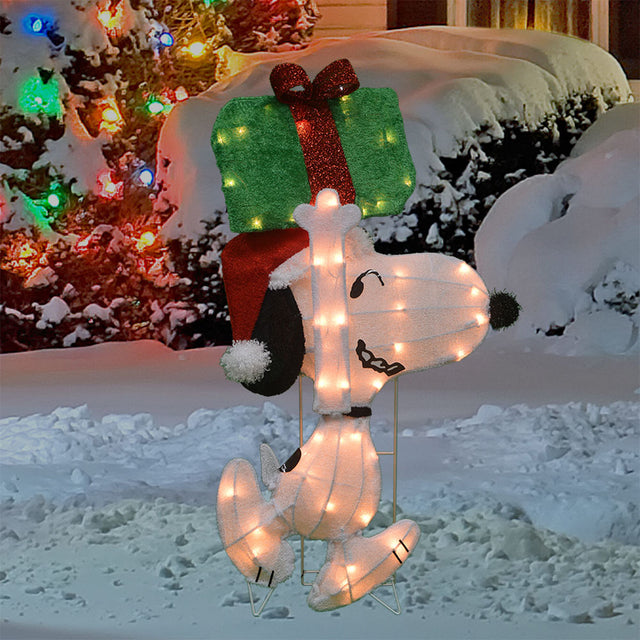 32" 2D Lighted Soft Tinsel Snoopy Carrying Present Sculpture