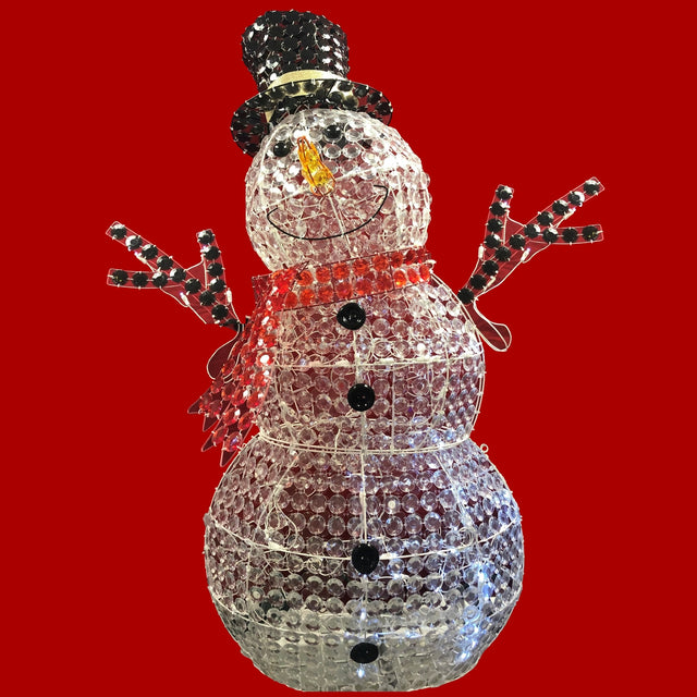 A 52-inch tall LED snowman lawn sculpture with a black top hat and a red scarf, pre-lit with clear white LED lights.