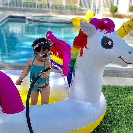 Inflatable pool for kids shaped like a rainbow unicorn.