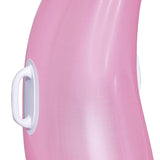 Ride on pool inflatable shaped like a pink flamingo.