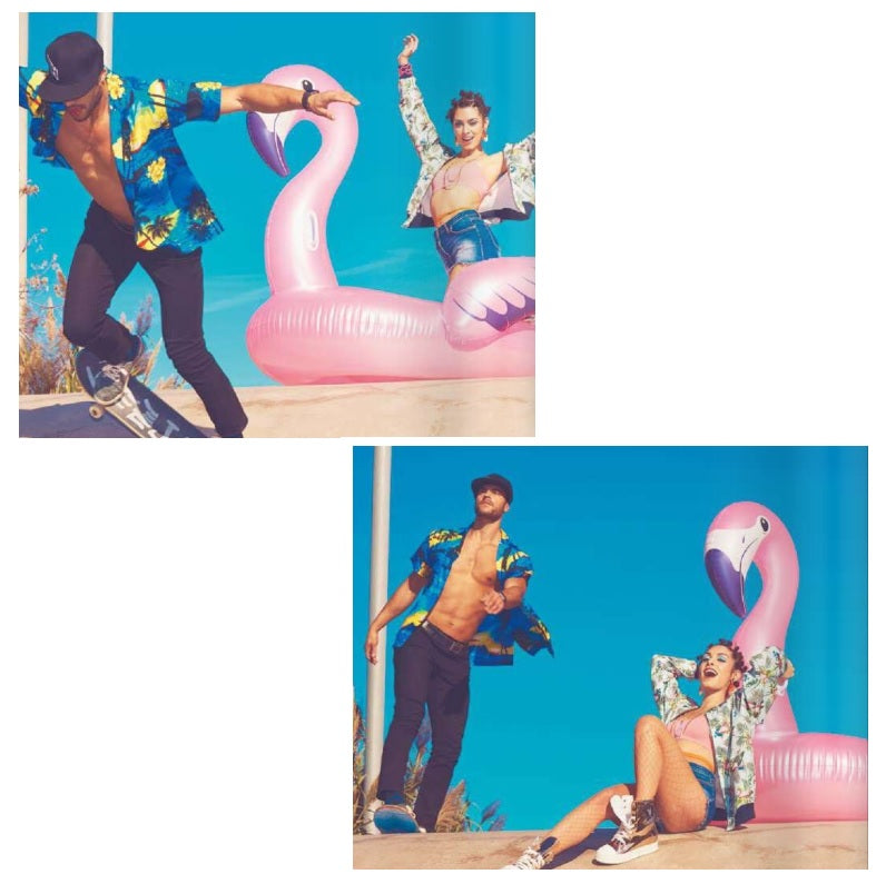 Ride on pool inflatable shaped like a pink flamingo.