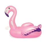 Ride on pool inflatable shaped like a pink flamingo.