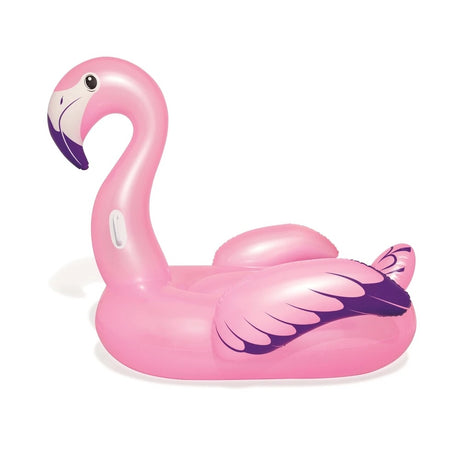 Ride on pool inflatable shaped like a pink flamingo.