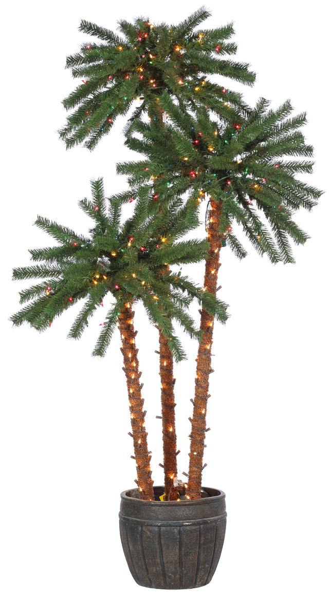 Potted palm tree decoration. Each part of the tree measure 4 ft., 5 ft. and 6 ft. Features 500 incandescent lights. Trunks are covered in Clear lights. Palm Tree Tops are covered in Multi-Colored lights.