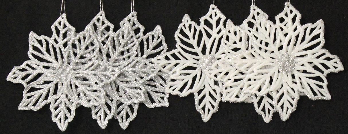 3-Pack of Silver/White Glitter Poinsettia Ornaments