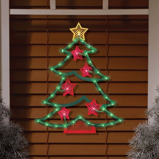 Lighted Christmas Tree with Stars Window Silhouette