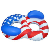 A pool float for two people. It's designed to look like the American flag. It's red, white and blue. It features two backrests and a stars and stripes design.