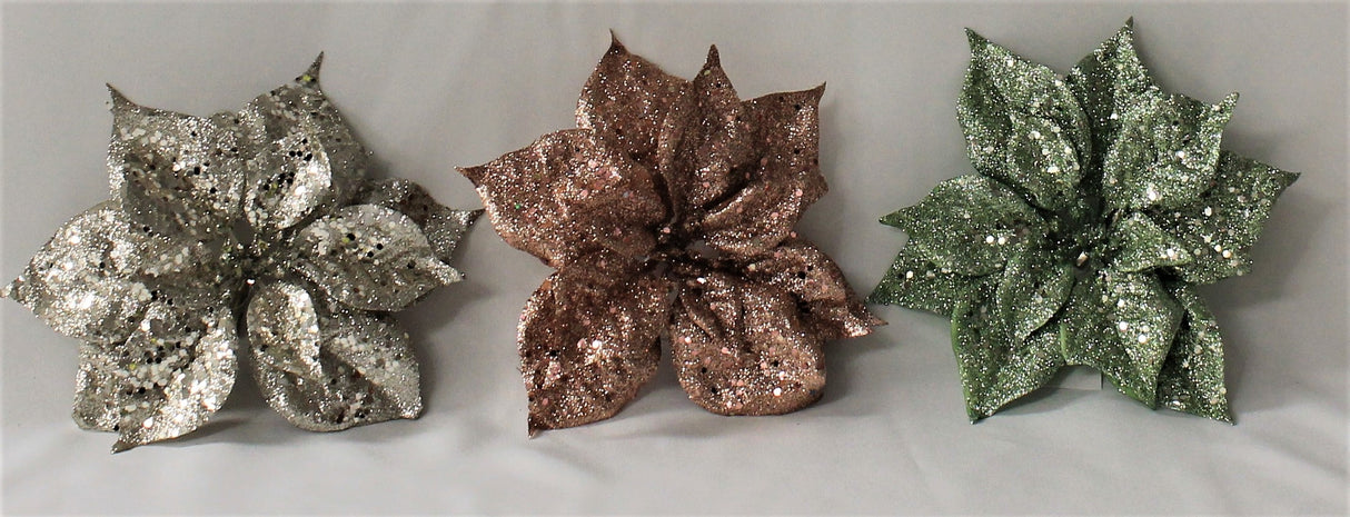 Clip-On Glitter Poinsettia Ornament (Rose Gold/Champagne/Mint)