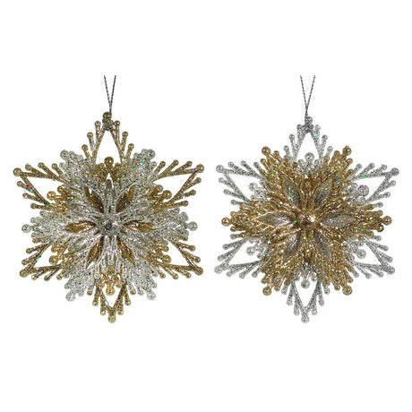 Glittery snowflake ornaments.