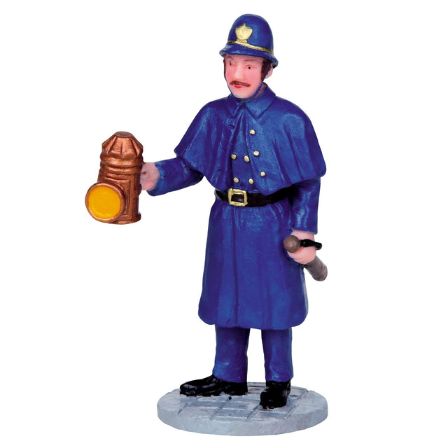 Polyresin figurine for a Lemax display. Designed to look like a police officer wearing a blue uniform. He's holding a baton and a bronze flashlight.