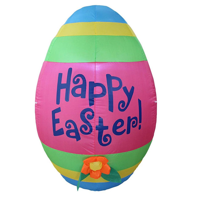 An inflatable egg for decorating outside. It reads "Happy Easter" in a fun font. The egg is blue, yellow, lime green and pink. It features a cute little orange flower at the bottom