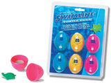 Dive and retrieval swim toys shaped like eggs with numbers on them.