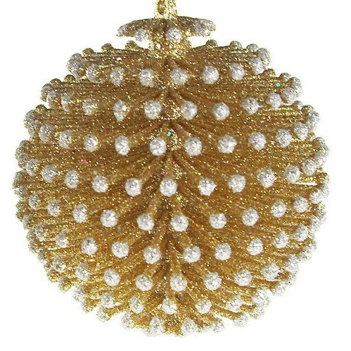 Glitter ornaments shaped like round pine cones. One is silver with gold tips and the other is gold with silver tips.