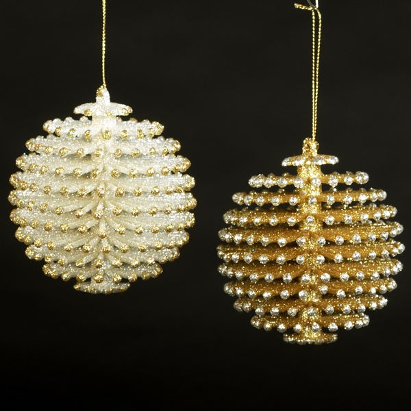 Glitter ornaments shaped like round pine cones. One is silver with gold tips and the other is gold with silver tips.