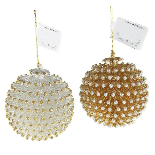 Glitter ornaments shaped like round pine cones. One is silver with gold tips and the other is gold with silver tips.