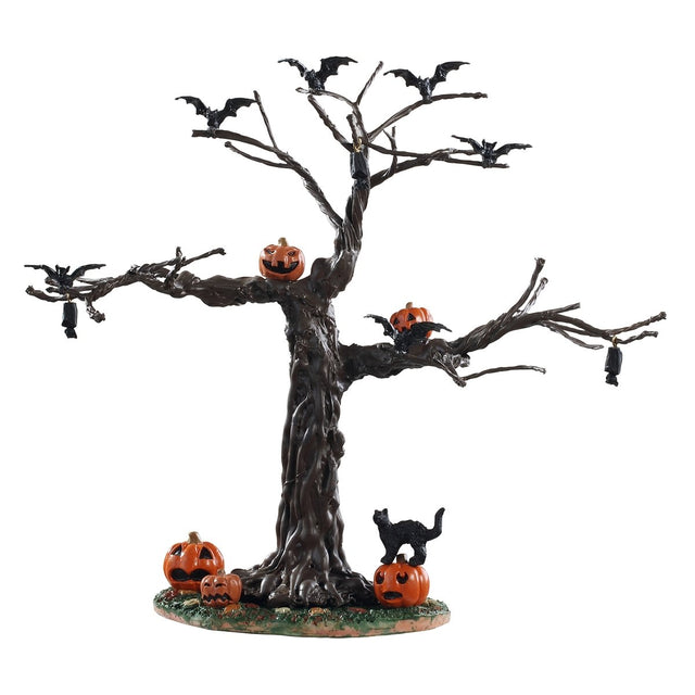 Plastic village accent for a Lemax display. Designed to look like a bare tree with carved pumpkins and crows all over it. There's a black cat standing on a pumpkin at the base.