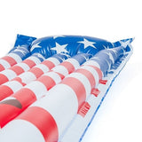 Patriotic pool mattress designed to look like the American flag.