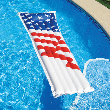 Patriotic pool mattress designed to look like the American flag.