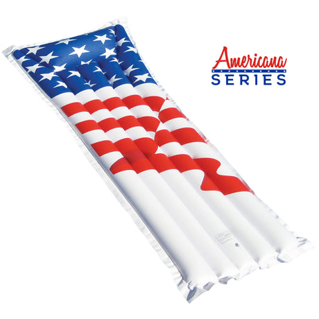 Patriotic pool mattress designed to look like the American flag.