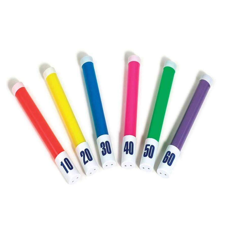 Different colored dive sticks for the pool, bathtub, lake or ocean.