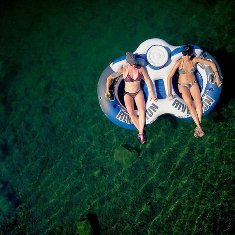 Pool float made up of two inner tubes connected by an inflatable cooler.