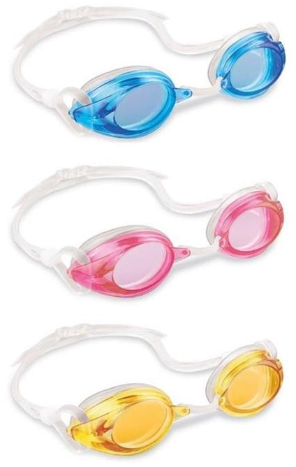 Clear swimming goggles in three different color options: blue, pink or yellow.