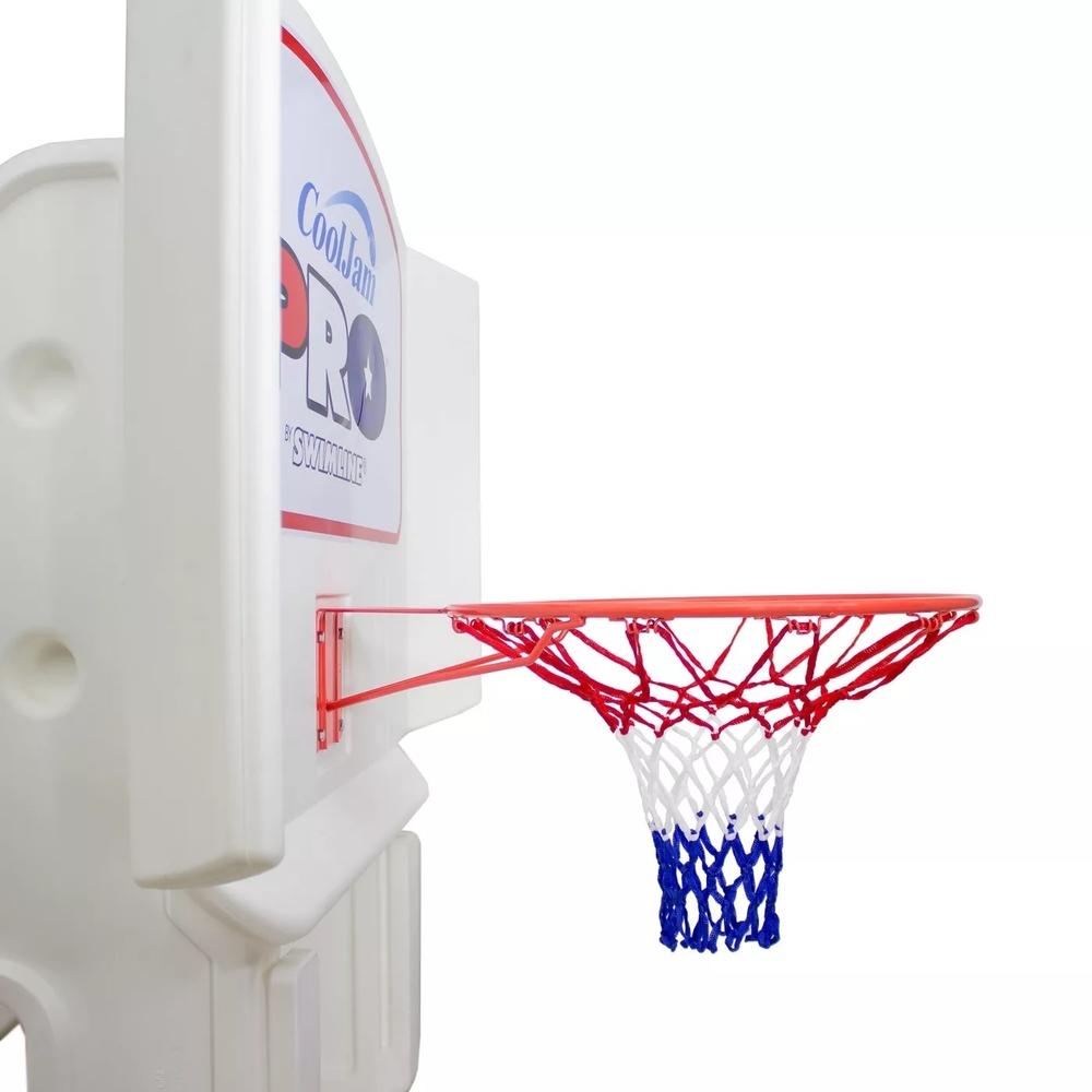 Poolside basketball hoop.