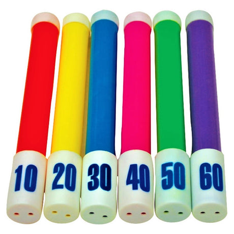 Different colored dive sticks for the pool, bathtub, lake or ocean.