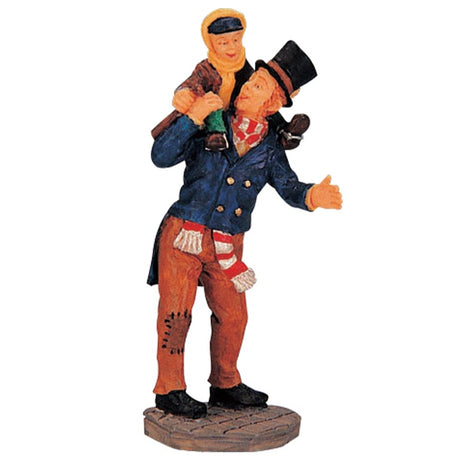 Polyresin figurine for a Lemax display. Designed to look like a man wearing winter clothes with a child wearing winter clothes sitting on his shoulder.