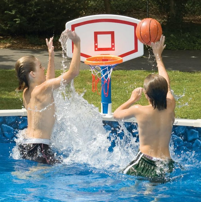Pool basketball hoop with basketball.