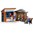 Polyresin figurines for a Lemax Village tabletop display. Designed to look like a skate rental shack next to two benches. Two people are renting skates, two people are on one bench and two people are on the other bench