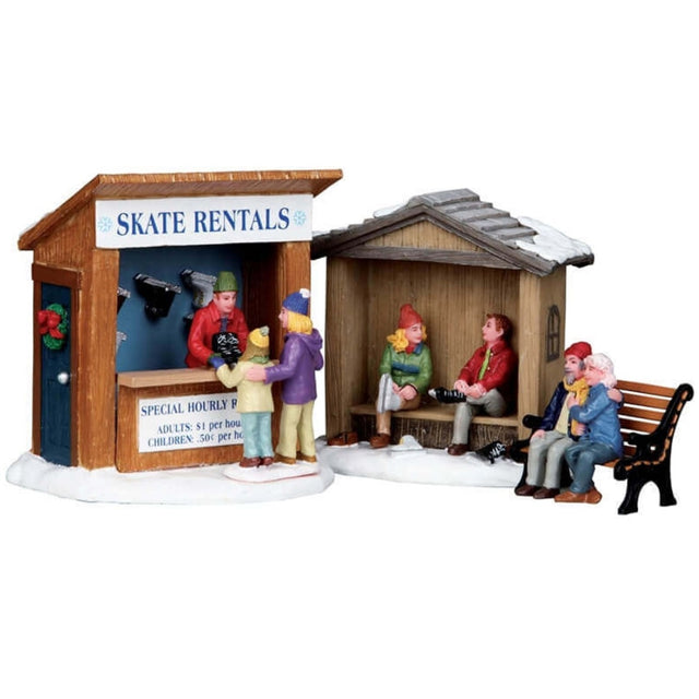 Polyresin figurines for a Lemax Village tabletop display. Designed to look like a skate rental shack next to two benches. Two people are renting skates, two people are on one bench and two people are on the other bench