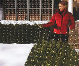 Basically a blanket of lights. You can wrap it around tree trunks, you can throw it over a bush, etc. There are different color options. These lights are clear.