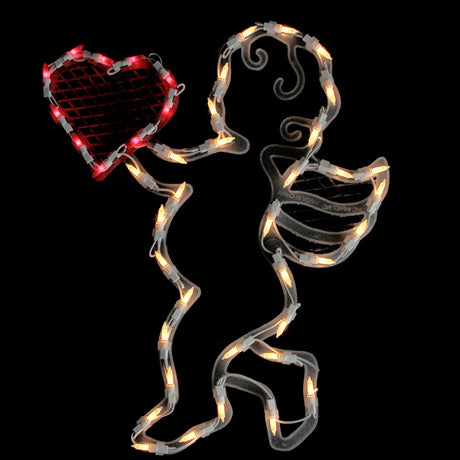 Lighted silhouette decoration shaped like baby Cupid holding a heart.
