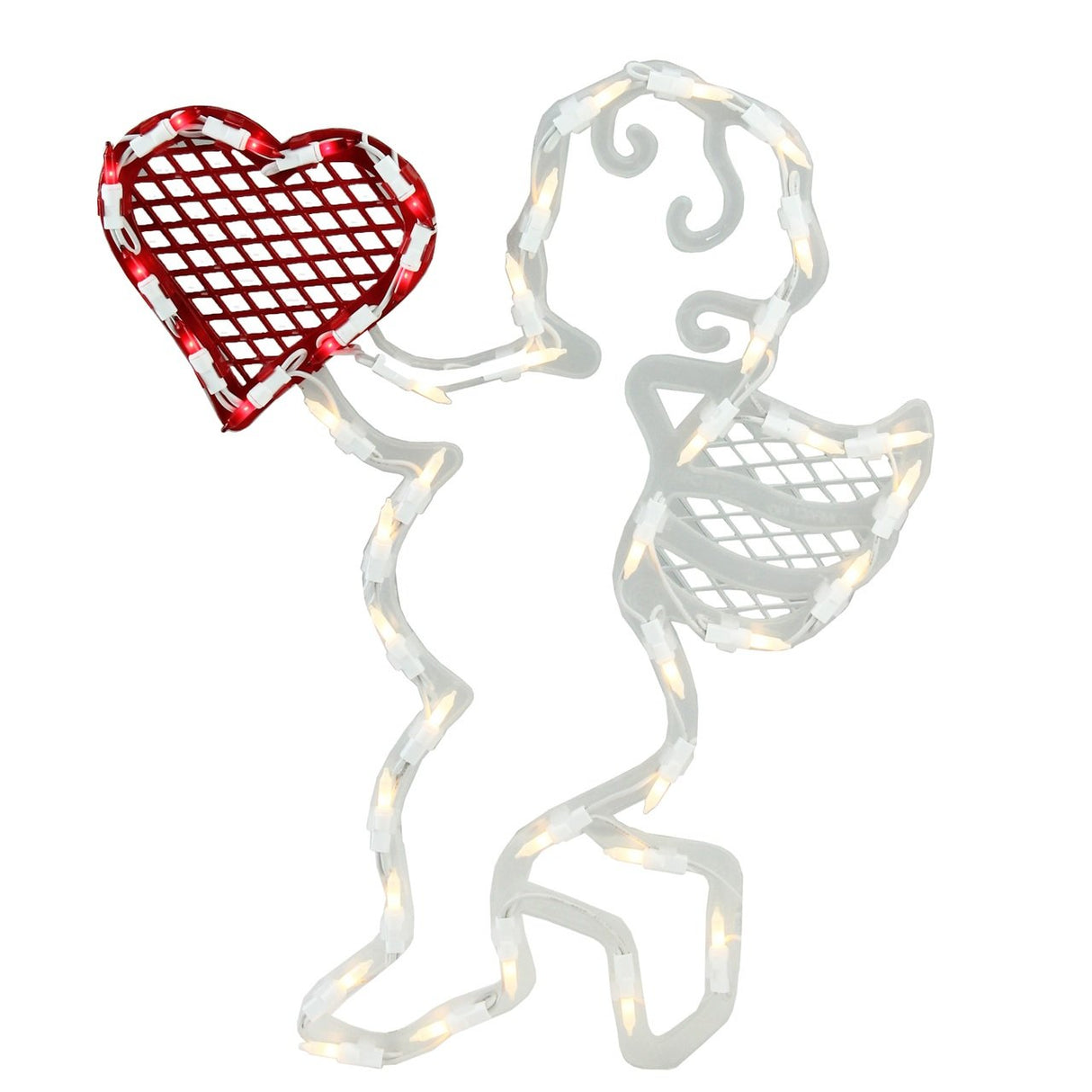 Lighted silhouette decoration shaped like baby Cupid holding a heart.