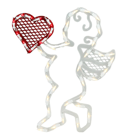 Lighted silhouette decoration shaped like baby Cupid holding a heart.