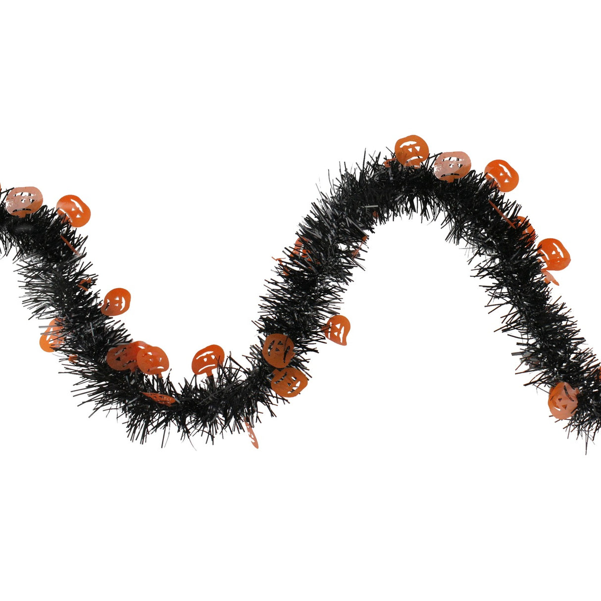 Black tinsel garland with holographic, orange pumpkins.