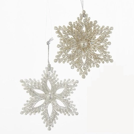 Glittery snowflake shaped ornaments.