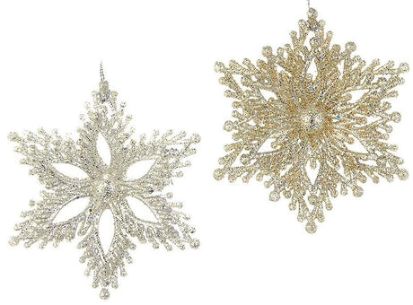 Glittery snowflake shaped ornaments.