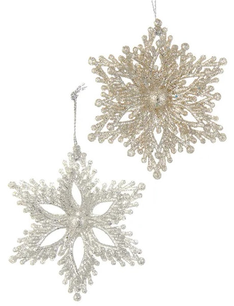 Glittery snowflake shaped ornaments.