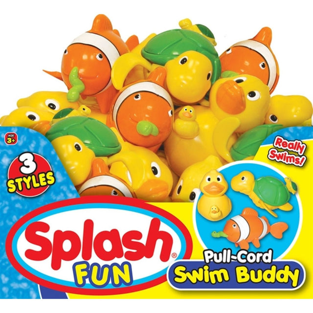 Pool toys shaped like a duck, a clownfish or a turtle. Each has a cord that you pull so that the toy moves like it's swimming in the water.