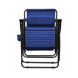 The blue folding chair closed.