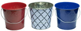 This picture shows the different color options for these TIKI candles. One candle is in a white and blue tin bucket. One candle is in a shiny, red tin bucket. The other candle is in a shiny, blue tin bucket.