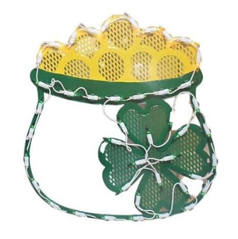 Lighted St. Patrick's Day decoration shaped like a green pot with gold coming out of it. There's also a shamrock on the pot.
