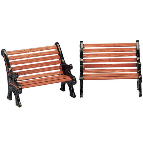 Metal village accessories for a Lemax display. Designed to look like two wooden benches with metal arms.