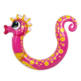 Pool inflatables shaped like seahorses. One is pink and one is blue.