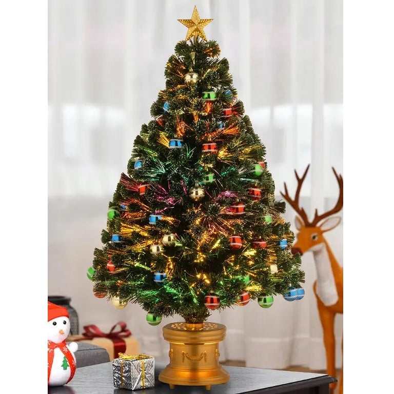 4 ft. fiber optic tree with multi-colored, glittered ball ornaments and a gold base.