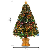 4 ft. fiber optic tree with multi-colored, glittered ball ornaments and a gold base.