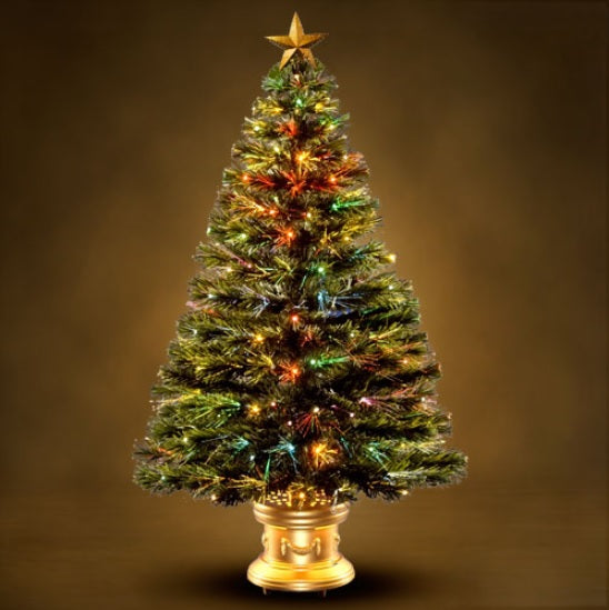 4 ft. fiber optic tree with multi-colored, glittered ball ornaments and a gold base.