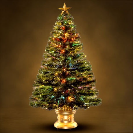 4 ft. fiber optic tree with multi-colored, glittered ball ornaments and a gold base.
